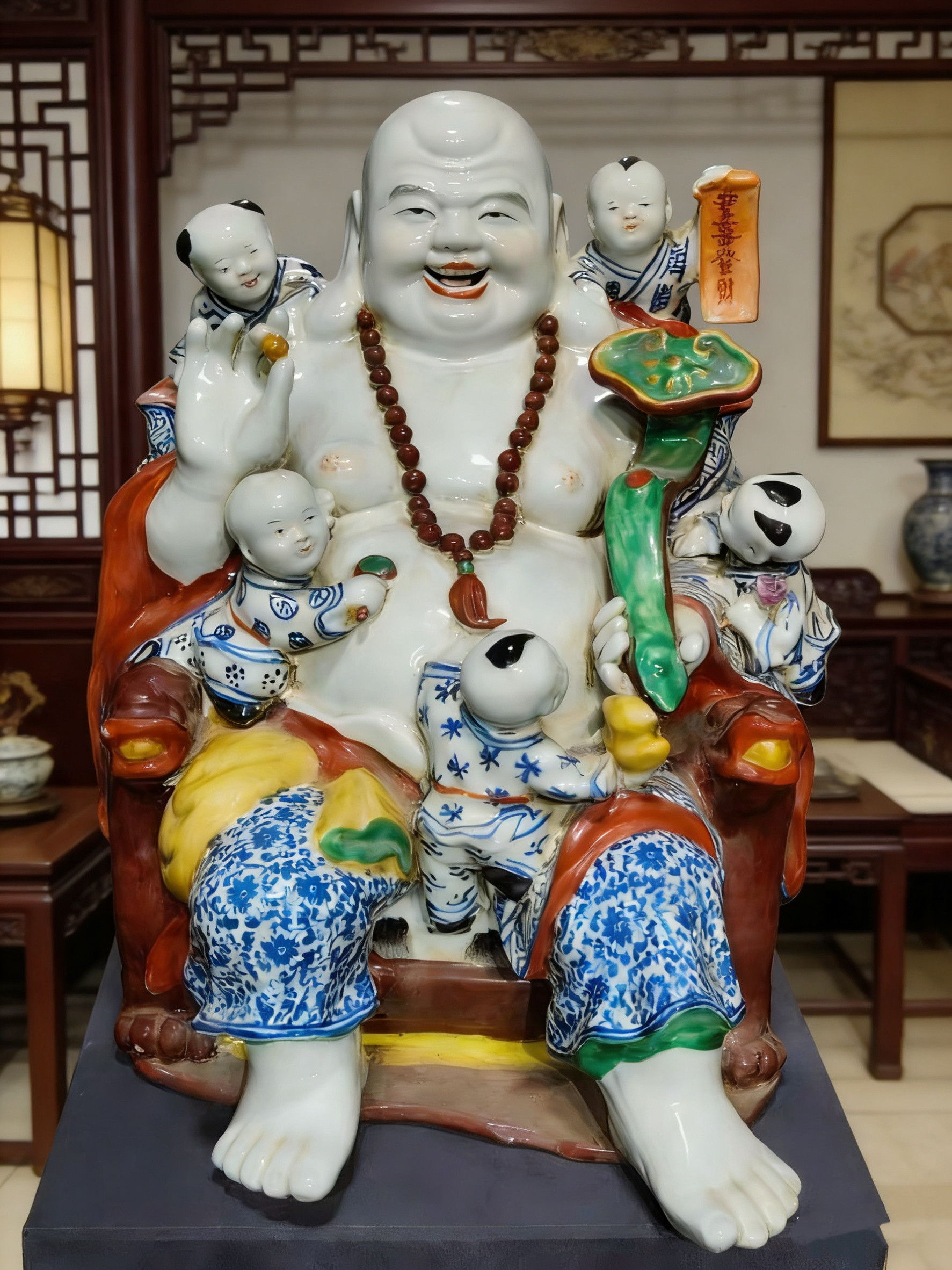 五子登科青花雕塑陶瓷景德镇弥勒佛罗汉多子佛像家居装饰摆件43cm