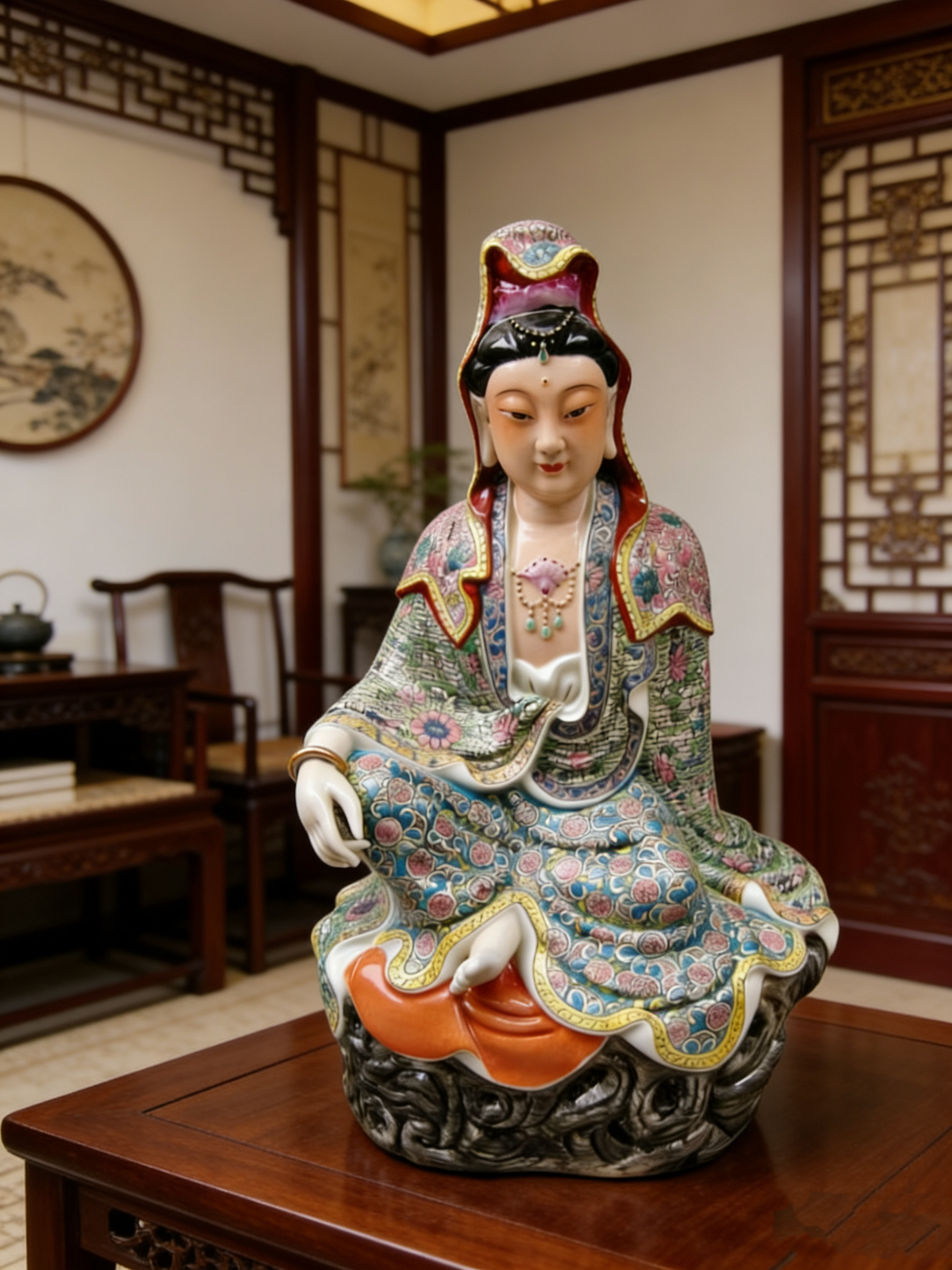 景德镇雕塑粉彩陶瓷观音佛像居家供奉佛摆件家用自在观世音像40CM