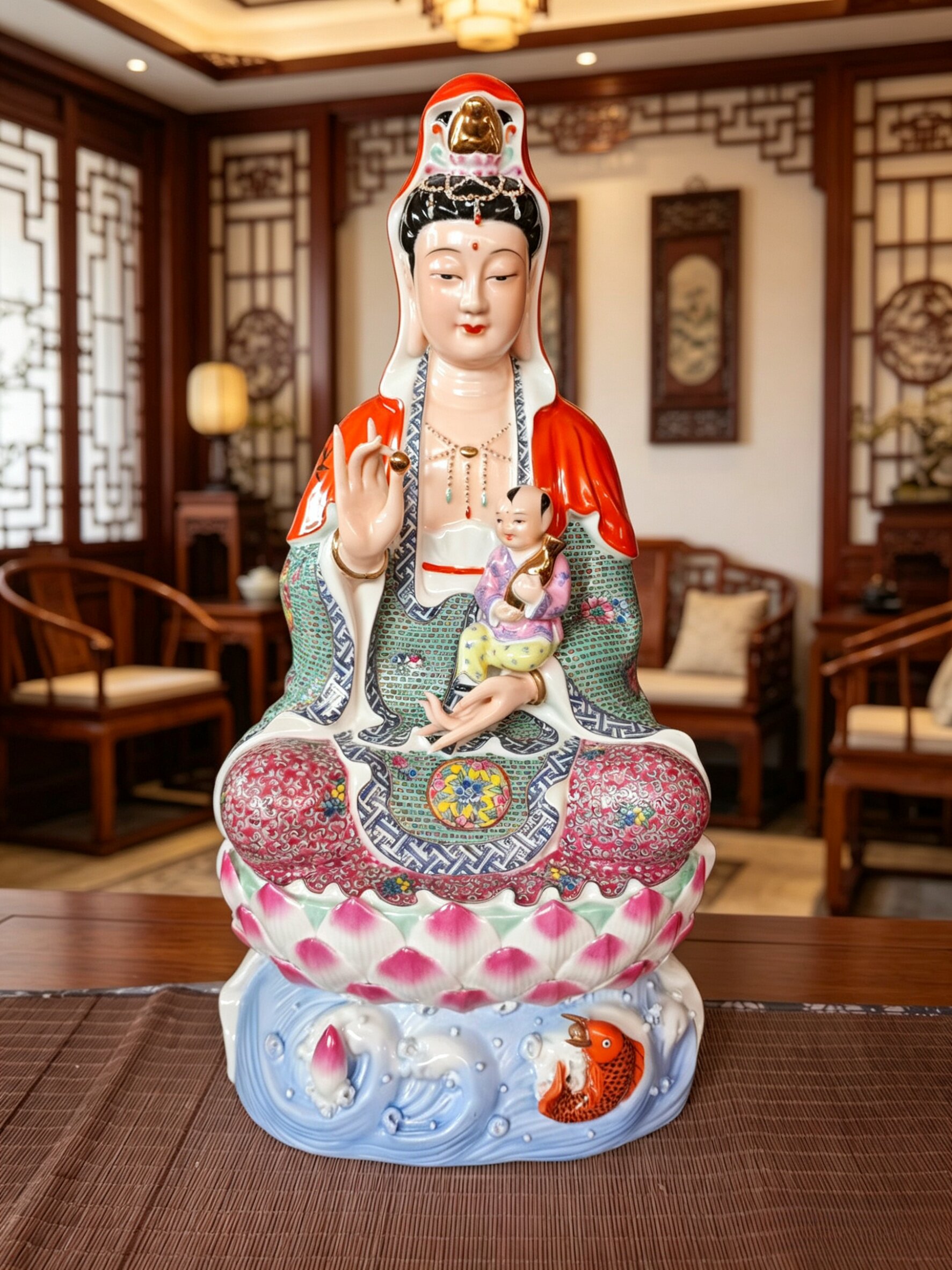 景德镇手工粉彩送子观音陶瓷器描金莲花佛像中式家居供奉摆件52cm