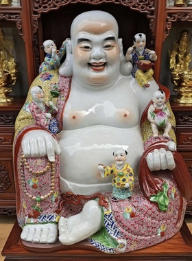 景德镇陶瓷器大肚多子佛陶瓷五子弥勒佛像招财家居装饰品摆件55cm