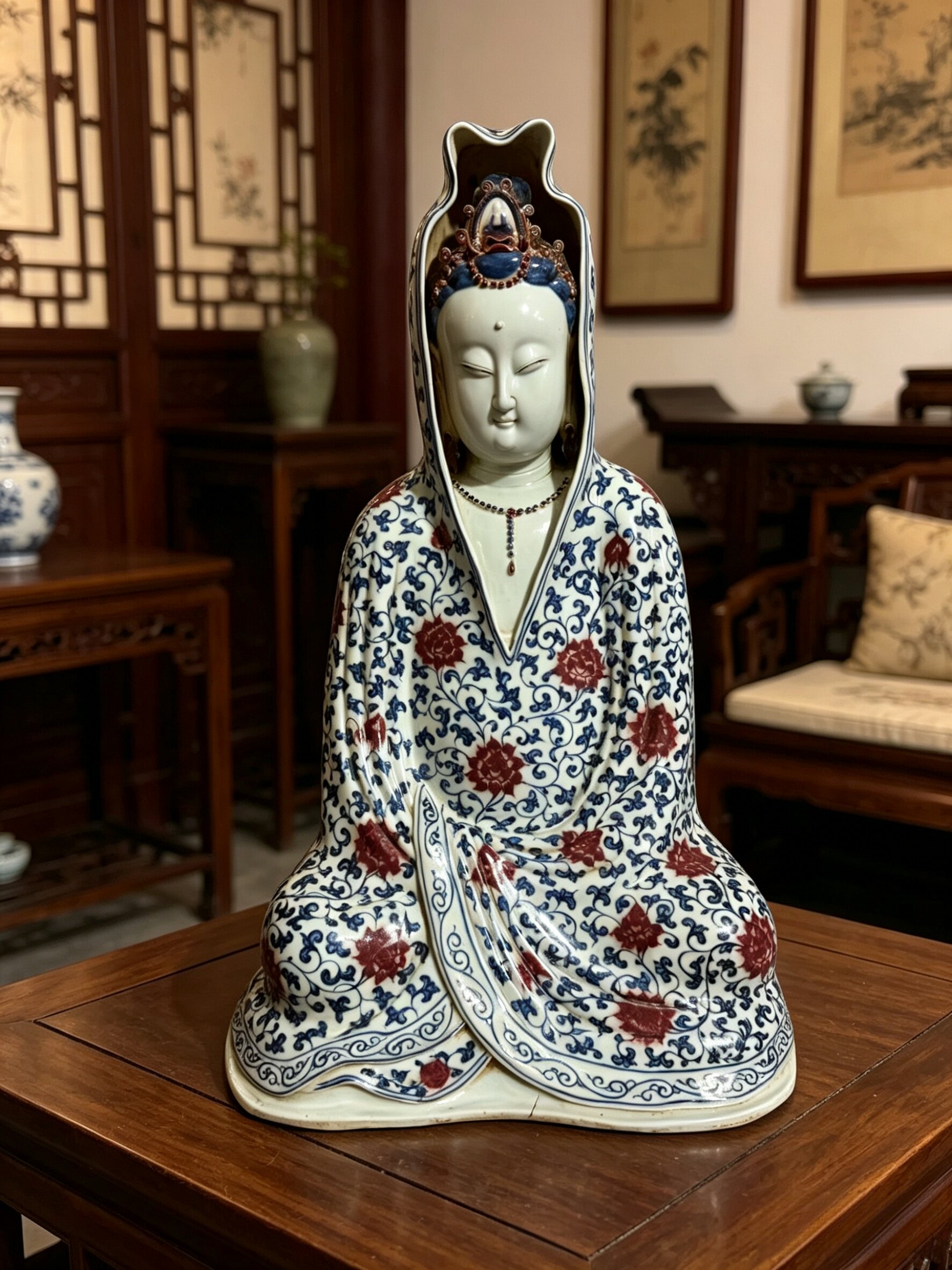 景德镇手绘青花釉里红观音像中式家居禅意供奉陶瓷器神像精品56cm