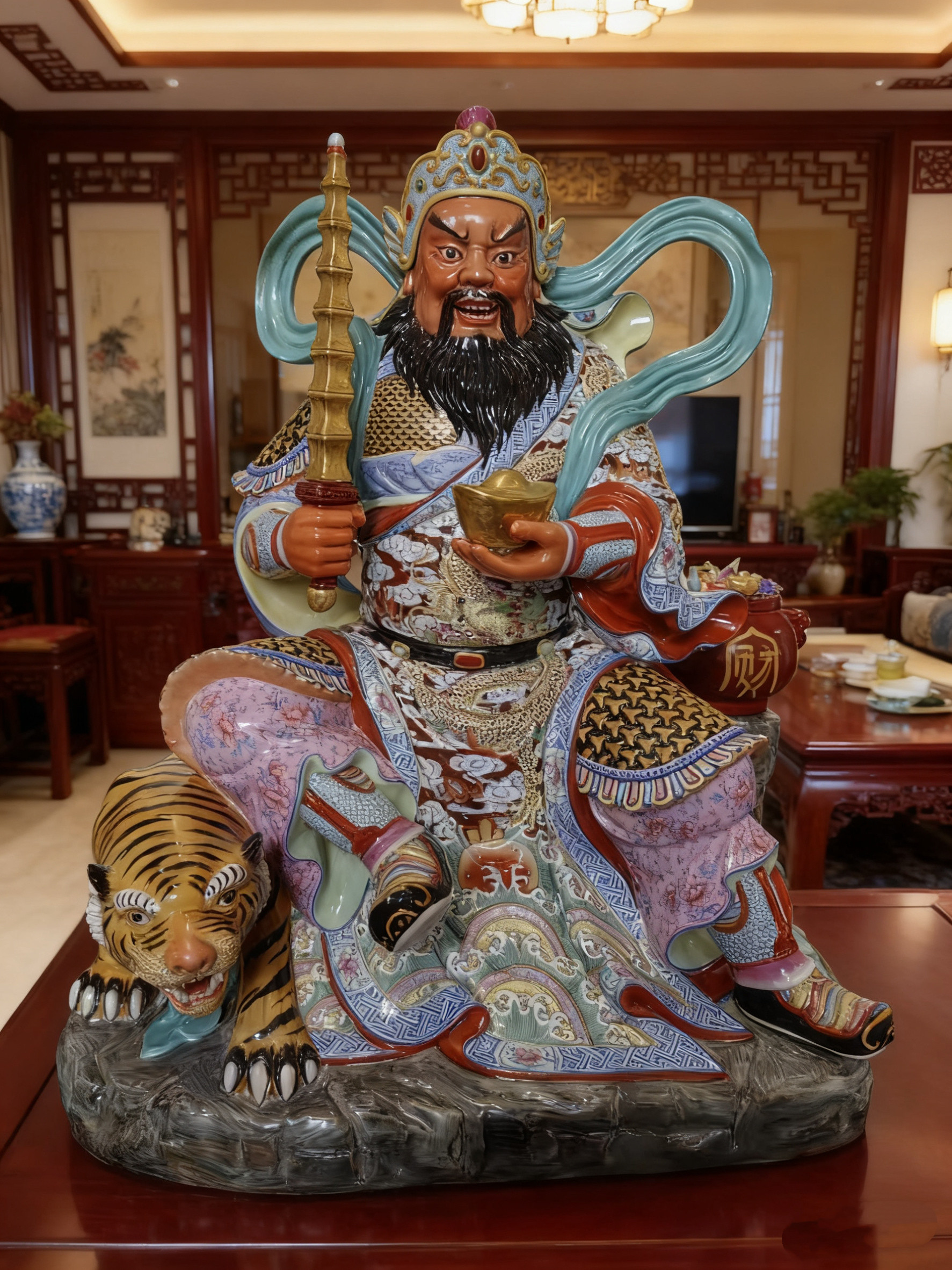 武财神景德镇陶瓷器雕塑骑虎财神爷赵元帅招财供奉品纳福摆件48cm