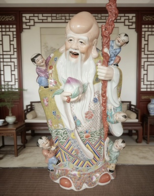 五子拜寿星公陶瓷器童子献寿五子佛神像摆件送长辈寿星老人礼品70