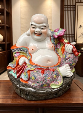 景德镇手工粉彩如意弥勒佛陶瓷雕塑40cm客厅供奉家用纳福吉祥摆件