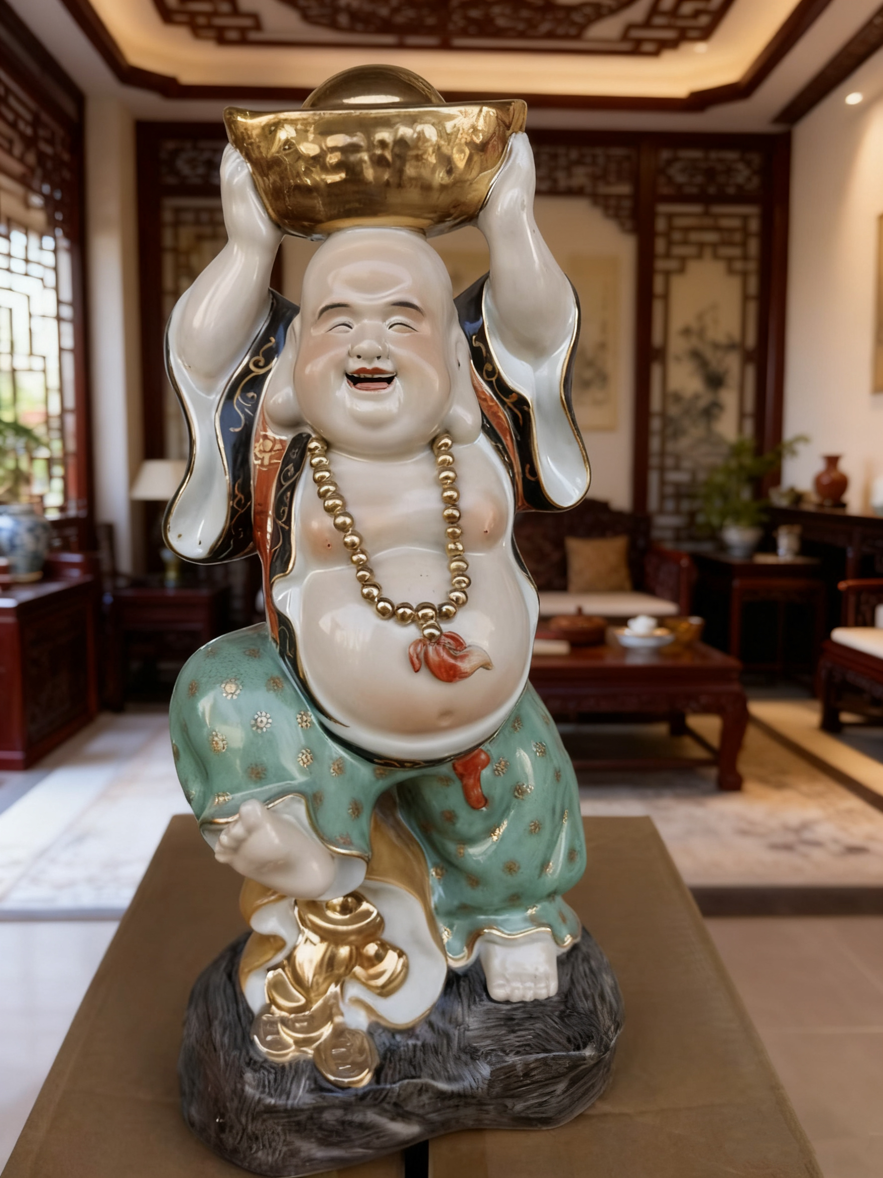描金弥勒佛像金玉满堂金元宝景德镇雕塑瓷佛像厂货收藏品摆件35cm