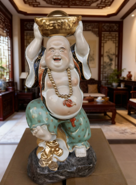 描金弥勒佛像金玉满堂金元宝景德镇雕塑瓷佛像厂货收藏品摆件35cm