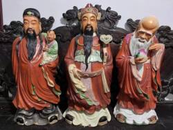景德镇陶瓷雕塑摆件仿古曾龙昇造矾红描金福禄寿三星一套高66厘米