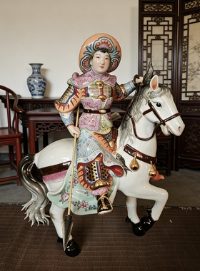 景德镇人物瓷雕塑陶瓷器摆件花木兰骑马木兰从军像中国风装饰36cm