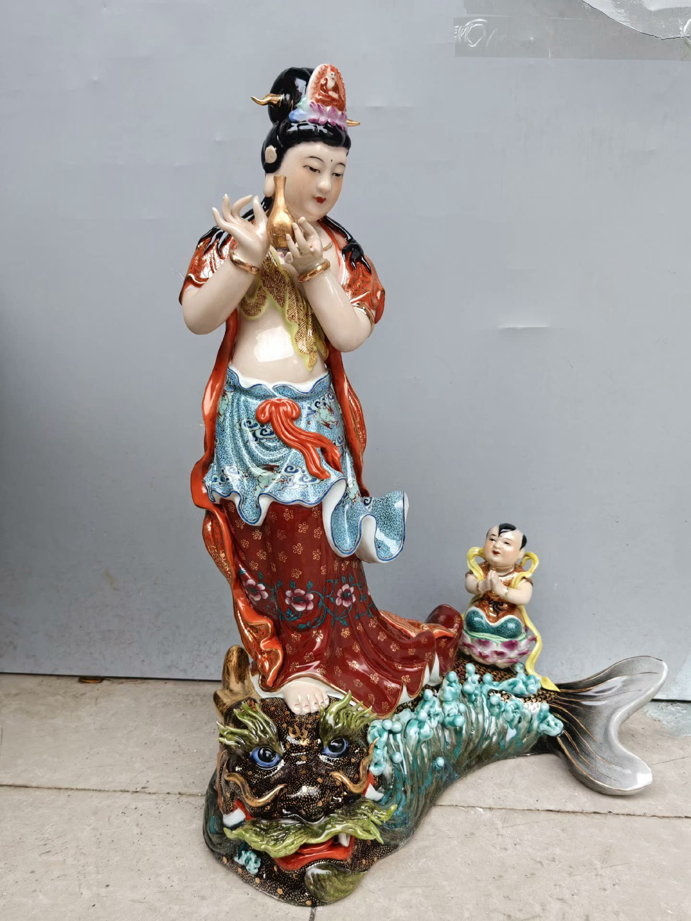 鳌鱼观音瓷像雕塑陶瓷鳌龙观世音菩萨佛像瓷器摆件童子拜观音42cm