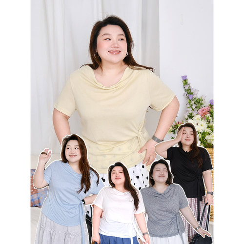 zooobaby03/25韩系显瘦荡领短袖T恤胖mm遮肚修身绑带上衣