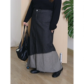 zooobaby10 14韩系简约拼接牛仔半身裙女宽松显瘦毛边开衩A字裙子