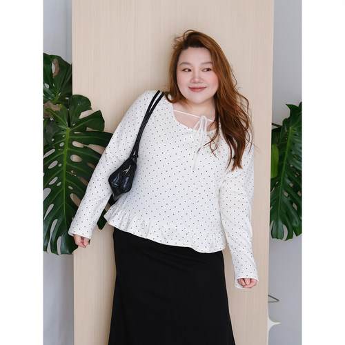 zooobaby12/08韩系简约波点方领长袖T恤女显瘦花边上衣