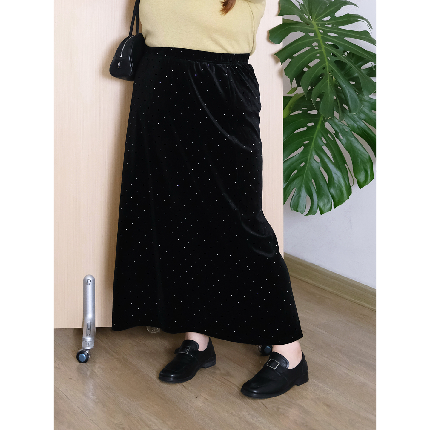 zooobaby10/14韩系简约丝绒烫钻半身裙女垂感A字直筒长裙高腰