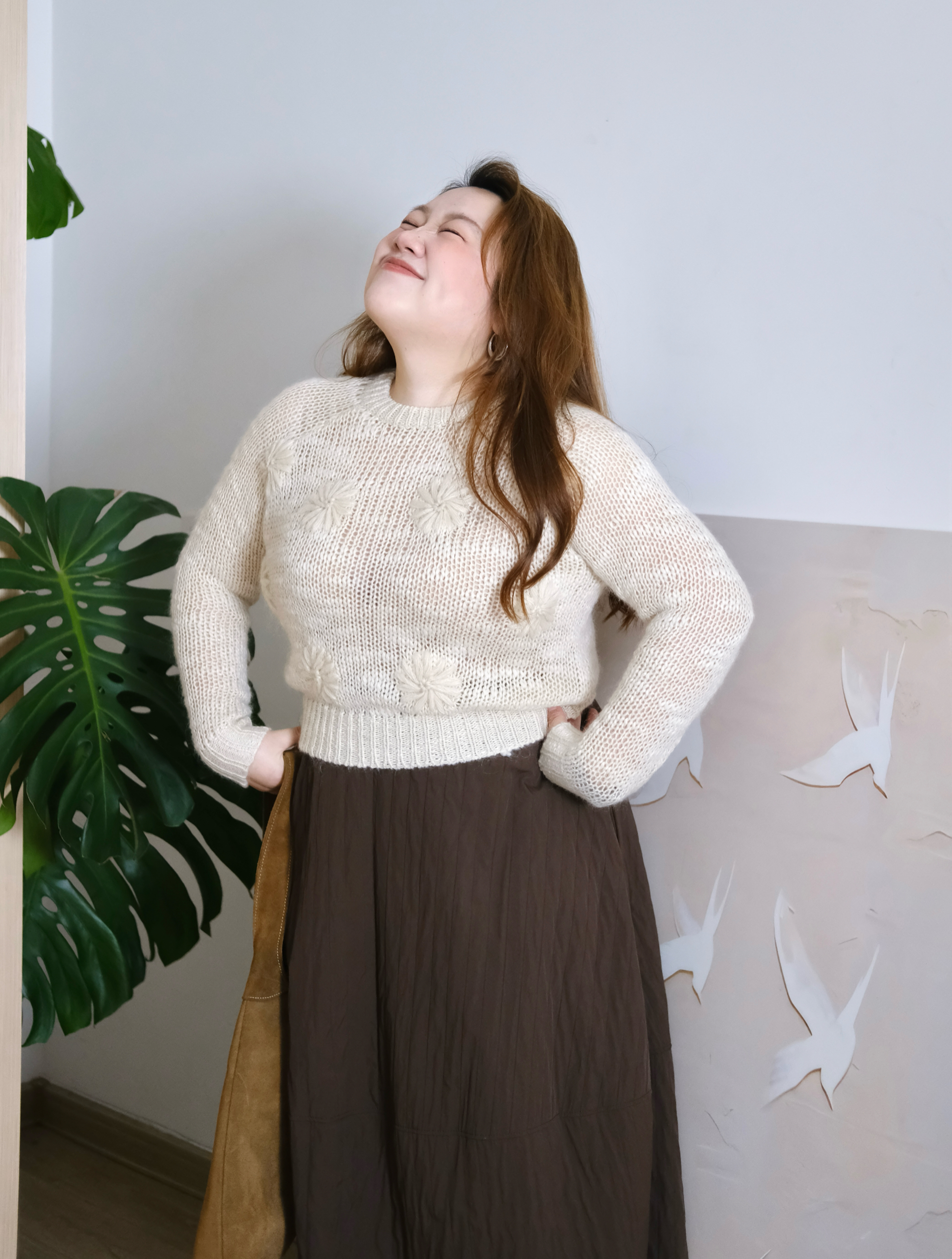 zooobaby10/20韩系简约立体花朵刺绣马海毛针织开衫女显瘦外套