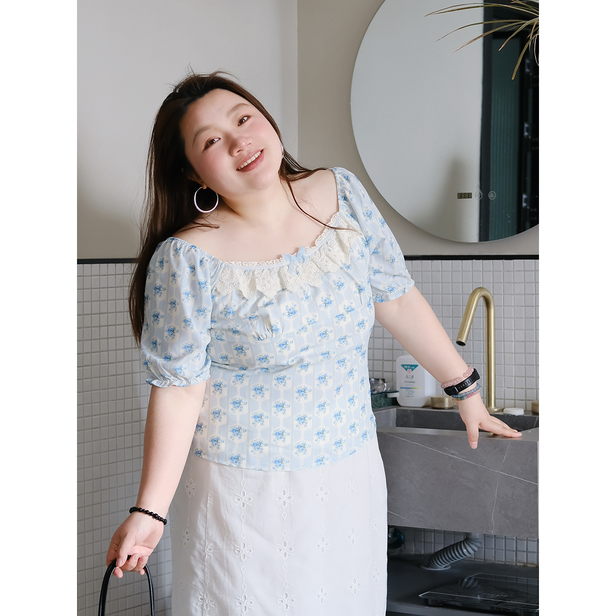 zooobaby04/14韩系碎花蕾丝拼接碎花衬衫女宽松显瘦百搭上衣