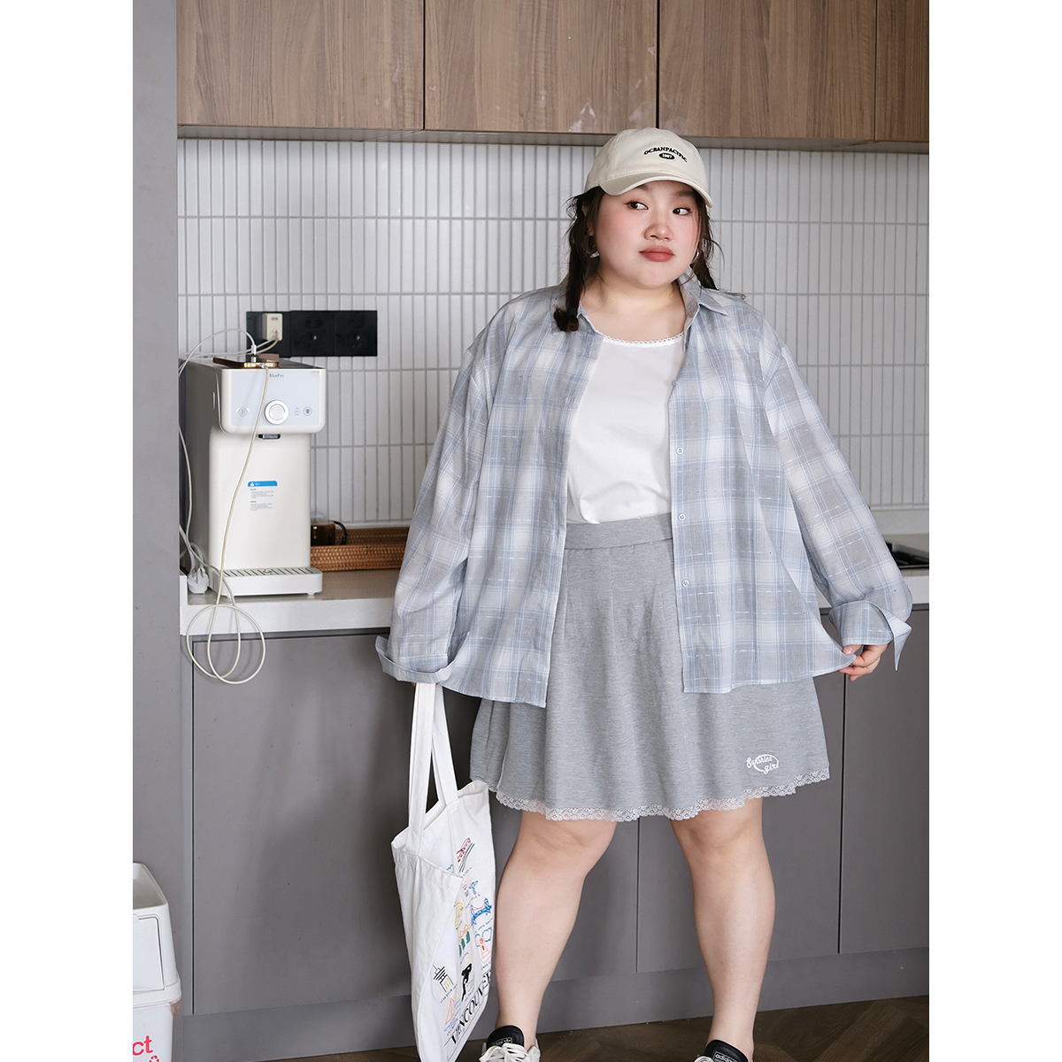 zooobaby04/14韩系简约宽松显瘦格子衬衫女中长款遮肚子上衣