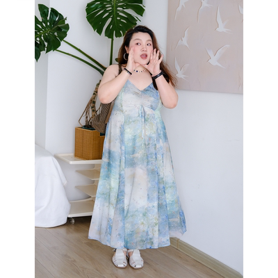 zooobaby06/19韩系v领清新绿色晕染印花收腰显瘦气质吊带连衣裙