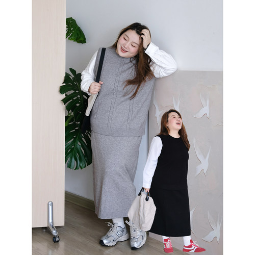 zooobaby10/14韩系简约拼接假两件长袖毛衣+麻花针织半身裙套装