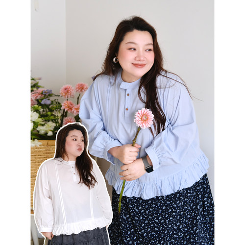 zooobaby03/25韩系甜美可爱花苞边长袖衬衫圆领花边小衫大码上衣