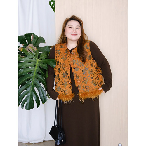 zooobaby12/24韩系简约圆领盘扣提花马甲女显瘦百搭毛边马夹外套