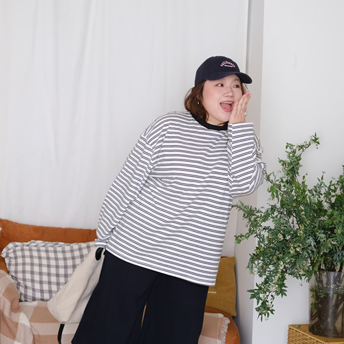 03/08早春新品韩系宽松圆领条纹长袖T恤女打底衫上衣
