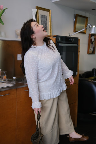 03/08早春新品韩系简约百搭显瘦圆领波点花边薄款长袖上衣