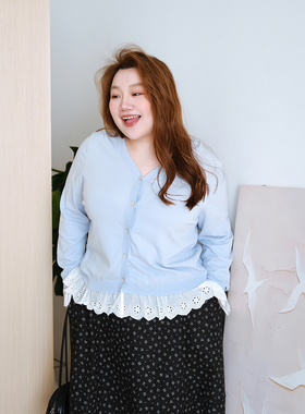 zooobaby12/08韩系简约拼接蕾丝花边v领上衣宽松针织衫女