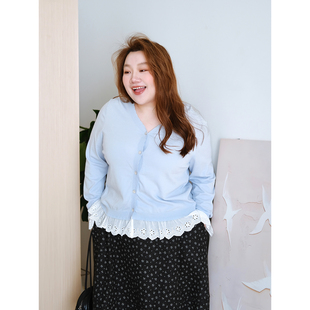 zooobaby12 女 08韩系简约拼接蕾丝花边v领上衣宽松针织衫