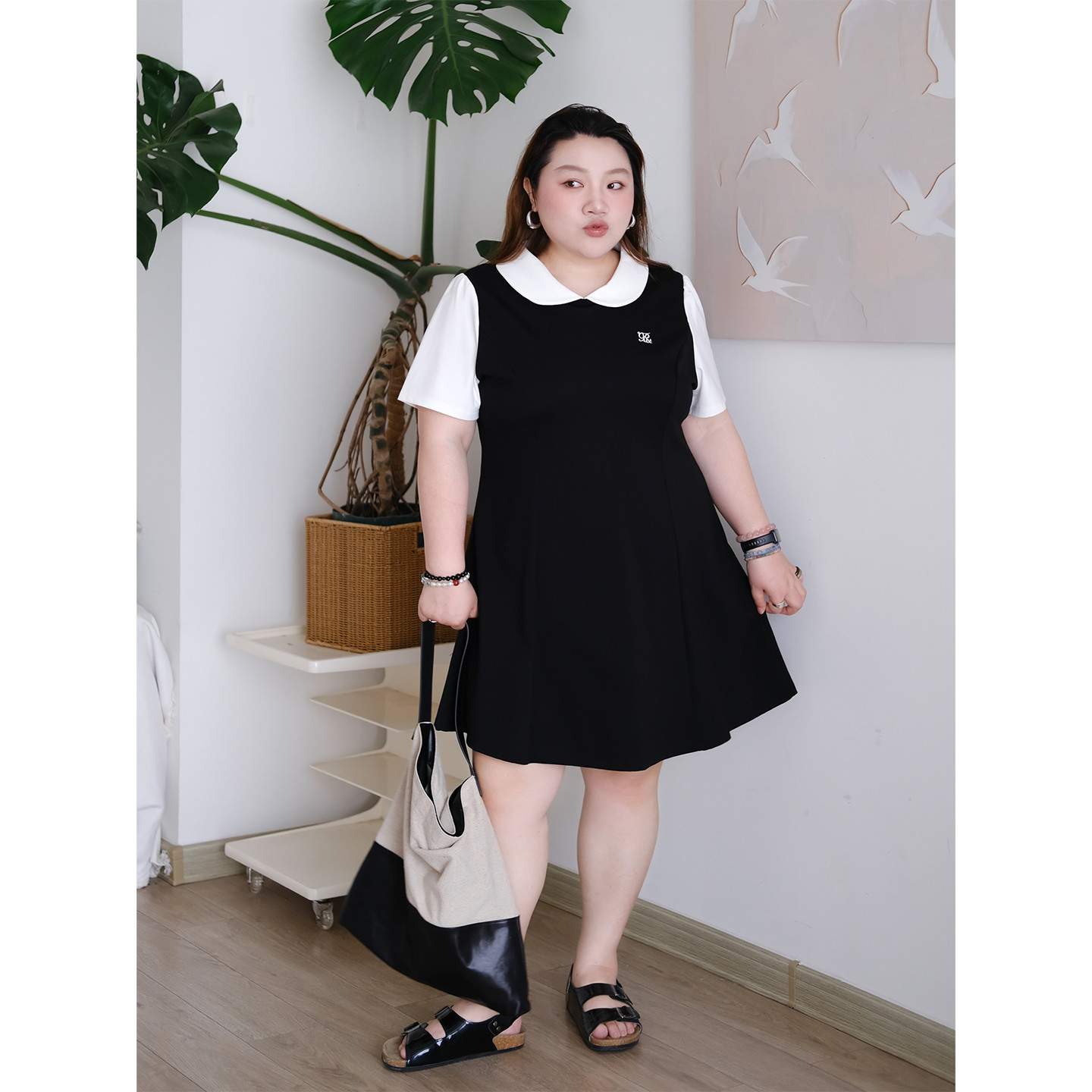 zooobaby06/28韩系学院风撞色连衣裙高腰显瘦遮肚连衣裙子