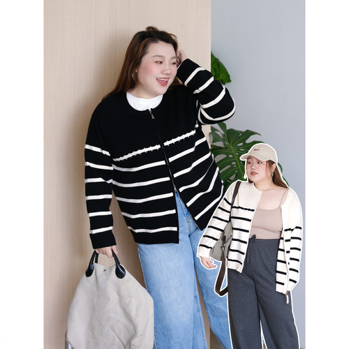 zooobaby10/14韩系简约条纹圆领双头拉链长袖外套女针织开衫上衣