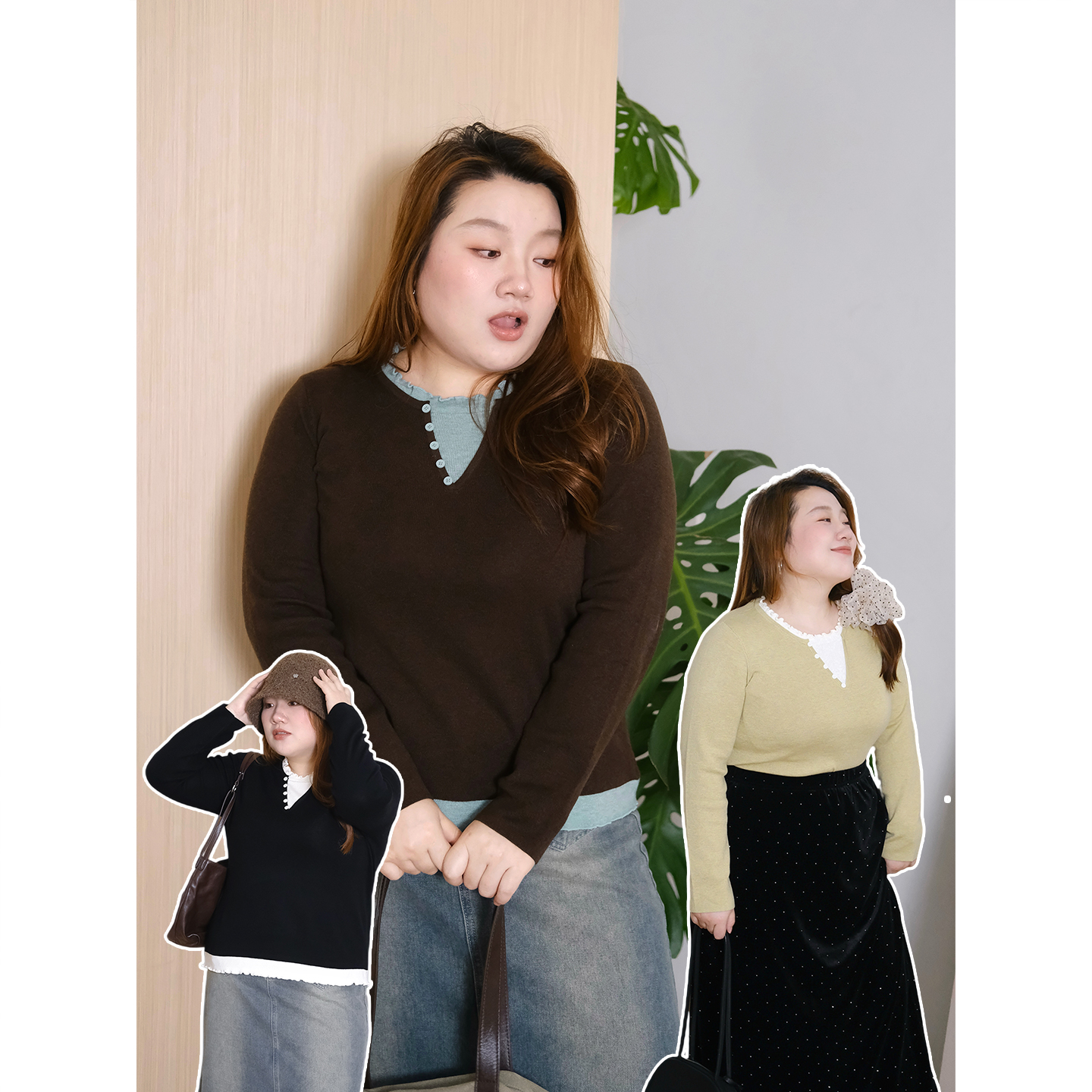 zooobaby10/14韩系简约拼接蕾丝边针织衫女宽松显瘦上衣