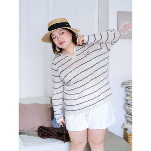 zooobaby04/25韩系简约小V领条纹长袖T恤女宽松显瘦打底衫上衣