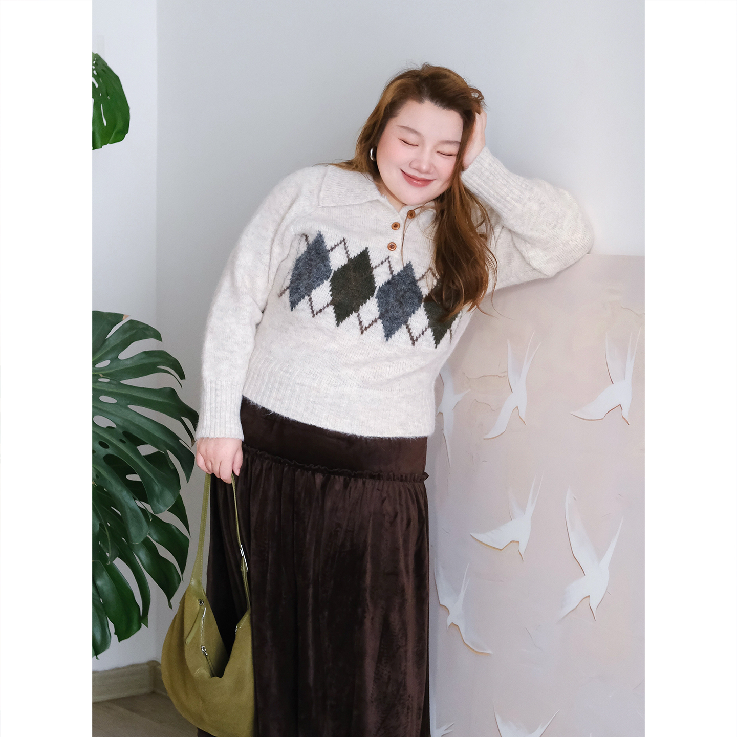 zooobaby11/24韩系简约翻领菱形格针织毛衣女显瘦上衣,女装/女士精品,大码内搭,淘宝优惠券,粉丝福利购,淘宝优惠卷