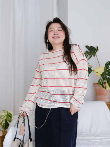 zooobaby大码女装韩系初秋微胖mm镂空条纹针织宽松长袖松弛感上衣