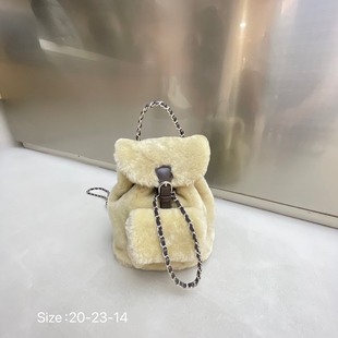 2025新款韩国小众真羊羔毛撞色复古链条双肩背包时尚百搭真皮女包