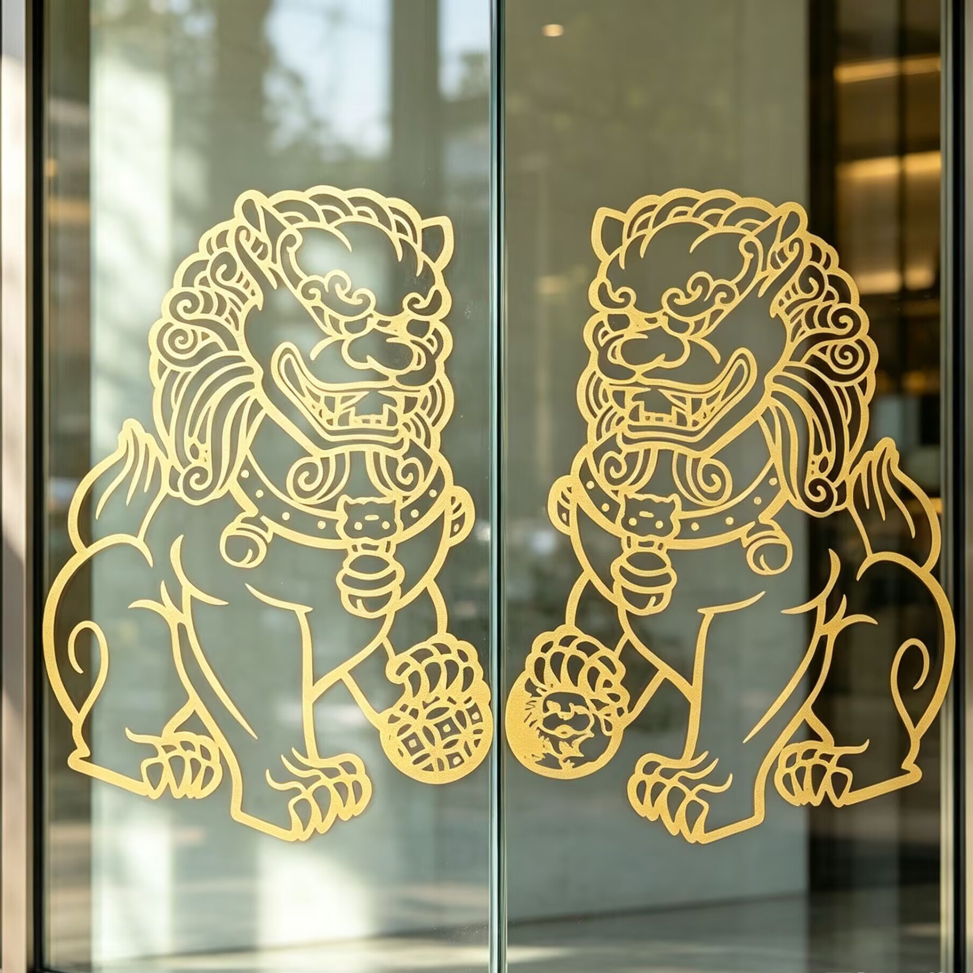 金色狮子剪纸防水不干胶门贴