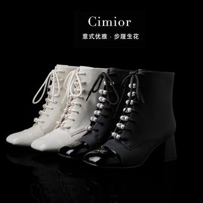 Cimior意大利女靴 Miu系时尚粗跟珍珠系带女靴 吊牌2880 CA25072