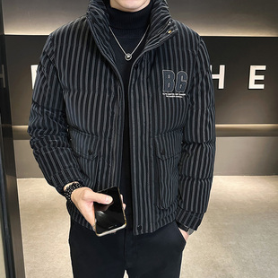 短款条纹羽绒服男士冬季2025年新款加厚外套潮牌潮流时尚帅气冬装