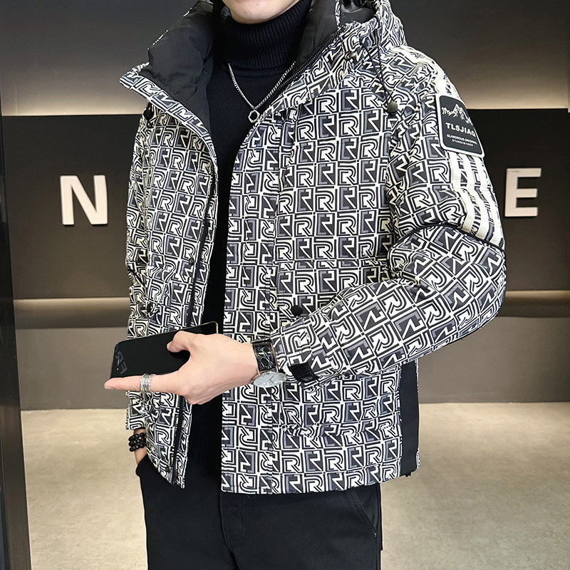 高级感连帽印花羽绒服男冬季2025年新款时尚潮流休闲加厚保暖外套
