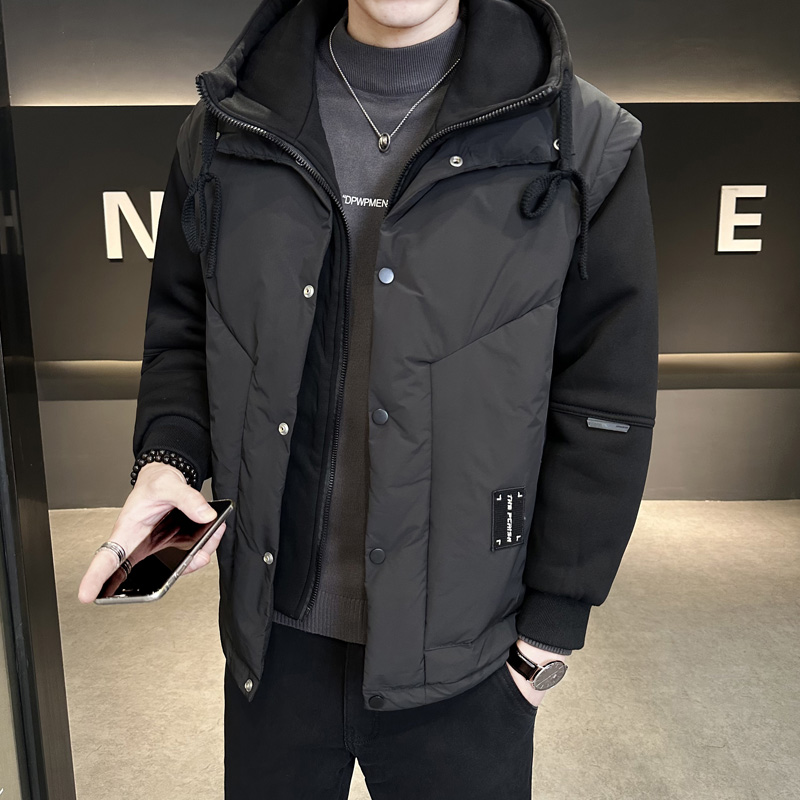 拼接男款冬季宽松假两件羽绒服加厚连帽男士保暖卫衣袖外套冬装潮