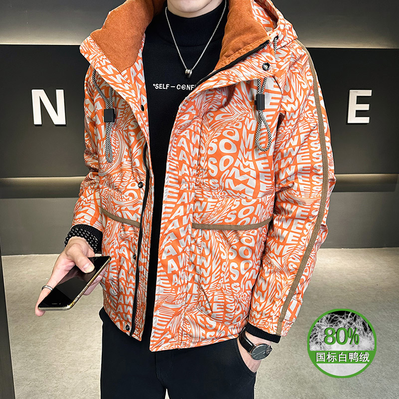 轻薄羽绒服男冬季潮牌青年短款连帽冬装字母修身保暖男士工装外套