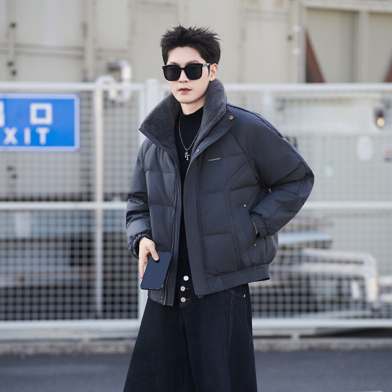 2025冬季新款帅气羽绒服男短款修身羊羔毛领夹克加厚保暖外套潮流
