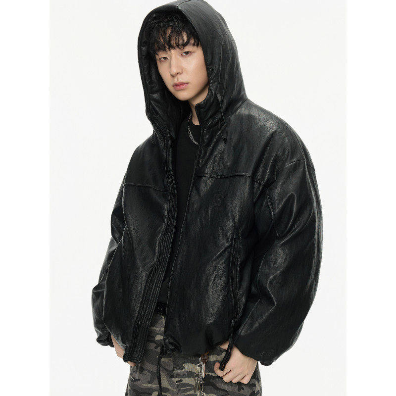 冬季新品高级感pu皮美式连帽羽绒服男休闲潮流帅气机车白鸭绒外套