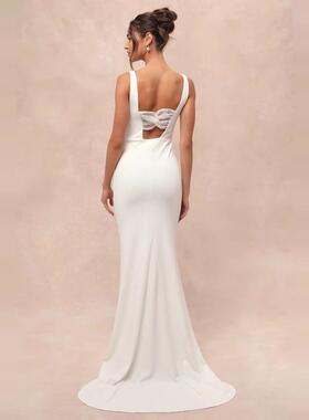 外贸单LU家高冷女神仙女白色交叉露背包臀鱼尾轻奢礼服长裙连衣裙