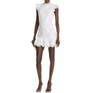 外贸单AQ家蕾丝钩花飞飞袖收腰包臀紧身显身材仙女立领裙摆连衣裙