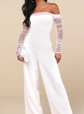 外贸单LU家网纱透视长袖褶皱设计一字领气场御姐白色连体裤阔腿裤