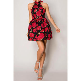 外贸单年会宴会生日party凹凸手感黑红色高级挂脖式蓬蓬小礼服裙