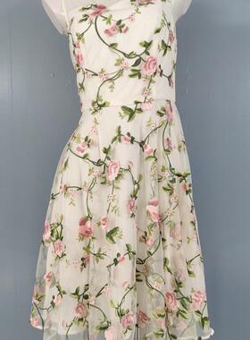 外贸单RE家精致绣花网纱拼接小花边立领收腰大摆连衣裙白色仙女裙