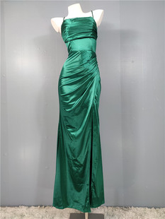 外贸单多巴胺高质感光滑缎面光泽气场开叉大长腿露背礼服晚装长裙