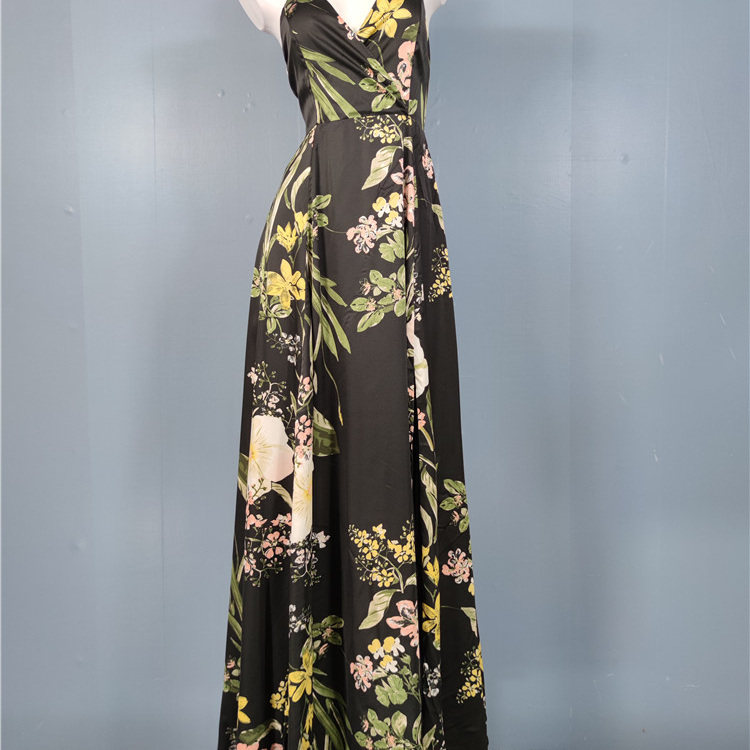 外贸单跨境LU家吊带露背醋酸缎面精致印花高品质V领开叉连衣长裙,女装/女士精品,礼服/晚装,淘宝优惠券,粉丝福利购,淘宝优惠卷